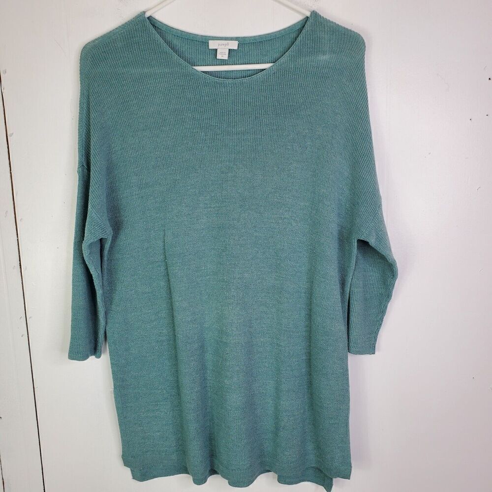Pure Jill Sweater Womens M Linen Blend Lightweight Knit Blue Sustainable Natural